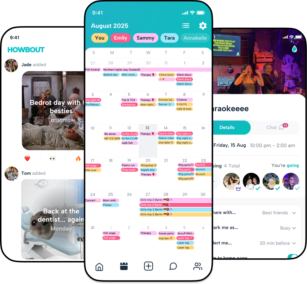 Screenshot of Howbout app showing shared calendar, social feed, and group plans, the social calendar app for live updates from Close Friends.